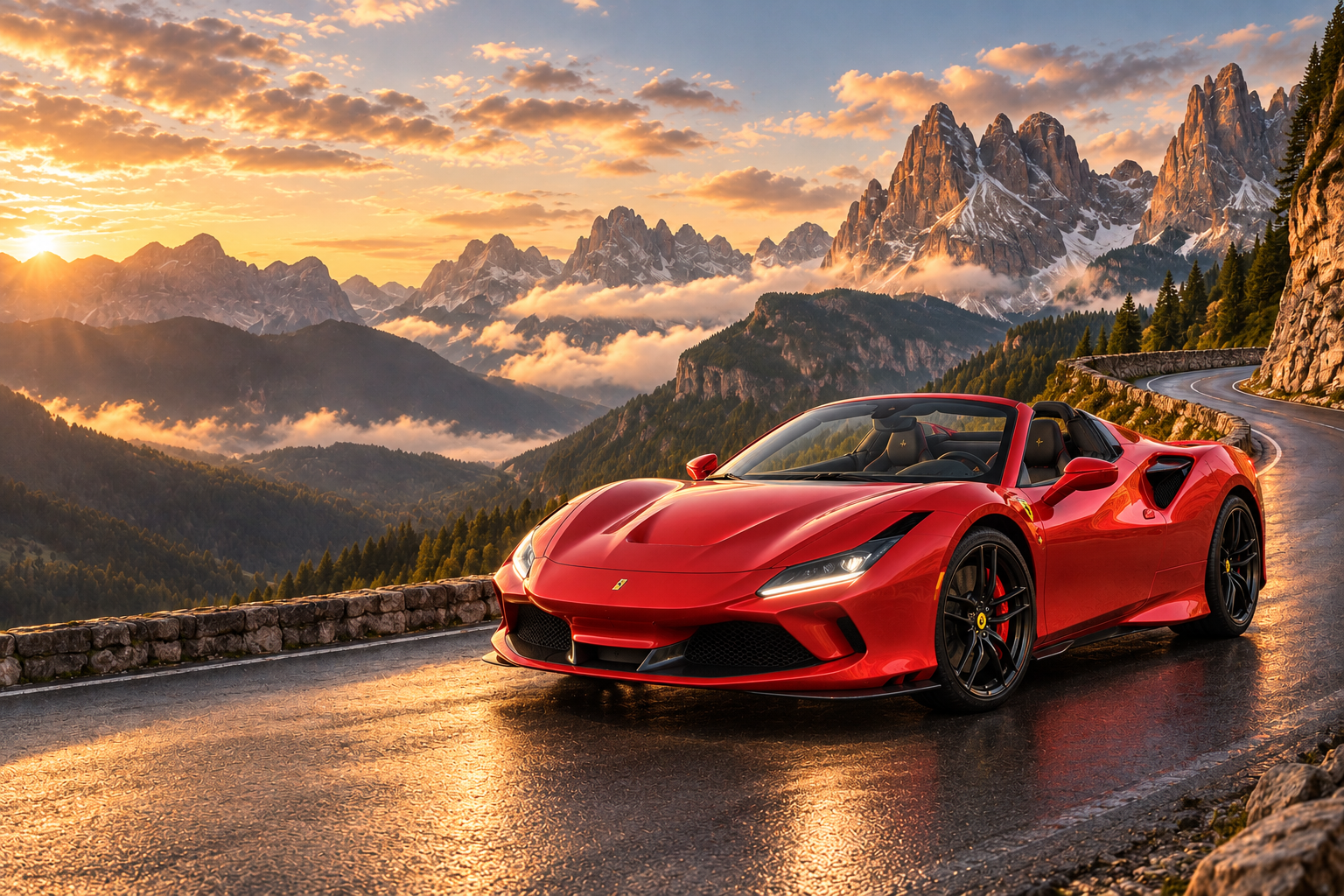 Ferrari F8 Spider tra le Dolomiti con luce calda, immagine illustrativa